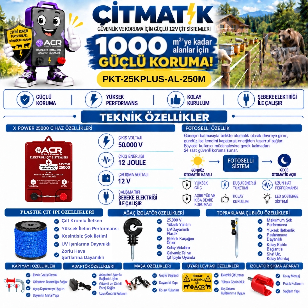XPower 25KP | 1000 m² ye kadar elektrikli çit paketi | Ağaç İzolatörlü | Lüks Telli