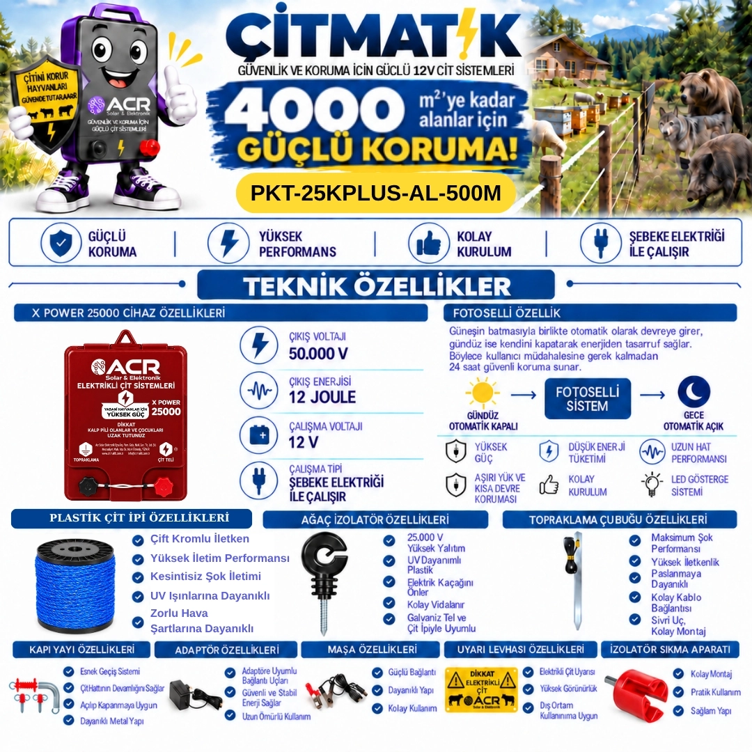 XPower 25KP | 4000 m² ye kadar elektrikli çit paketi | Ağaç İzolatörlü | Lüks Telli