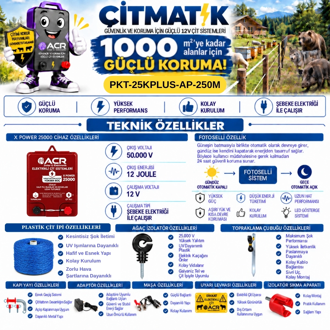 XPower 25KP | 1000 m² ye kadar elektrikli çit paketi | Ağaç İzolatörlü | Plastik Telli