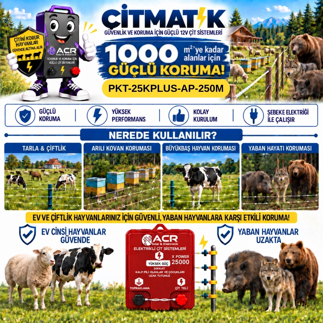 XPower 25KP | 1000 m² ye kadar elektrikli çit paketi | Ağaç İzolatörlü | Plastik Telli
