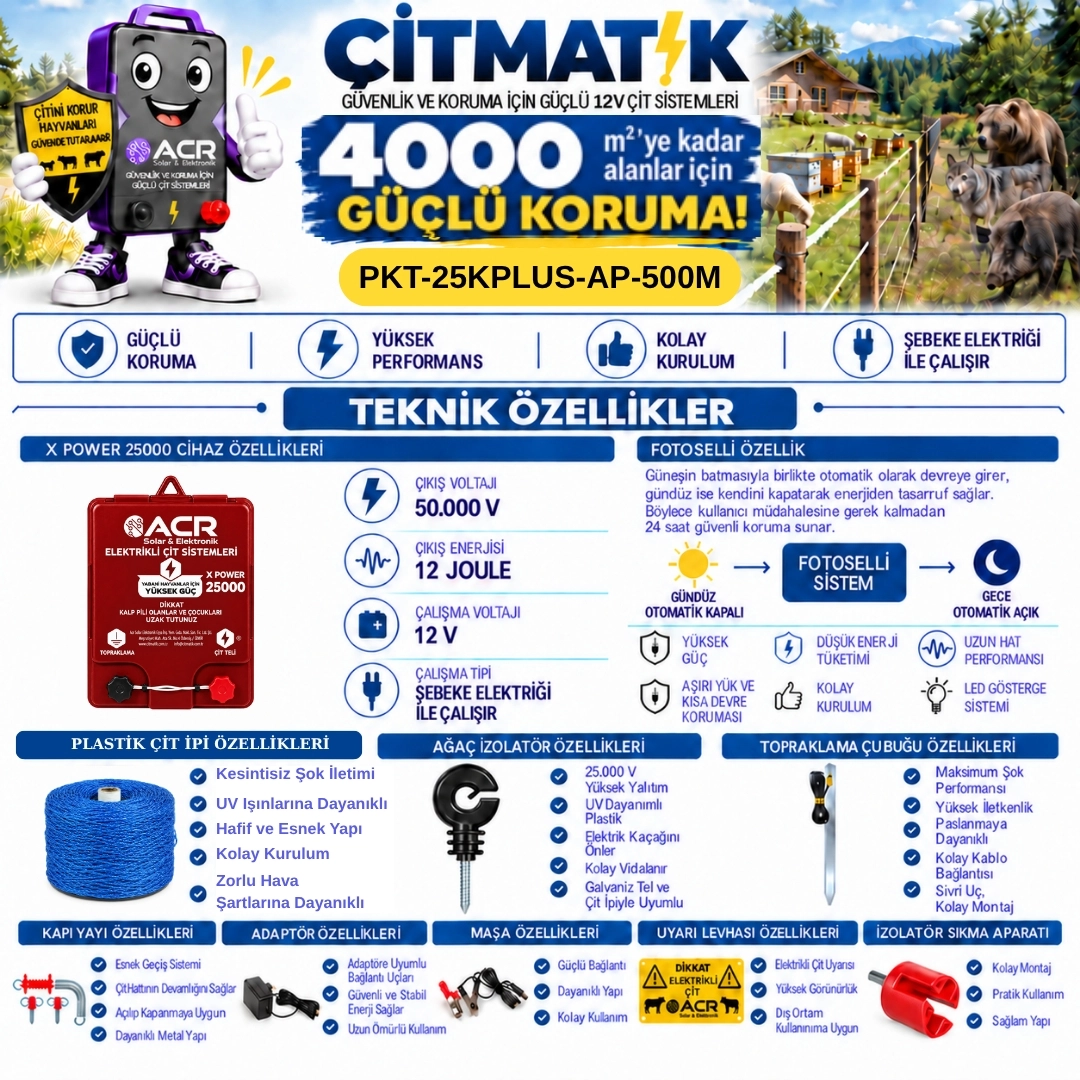 XPower 25KP | 4000 m² ye kadar elektrikli çit paketi | Ağaç İzolatörlü | Plastik Telli