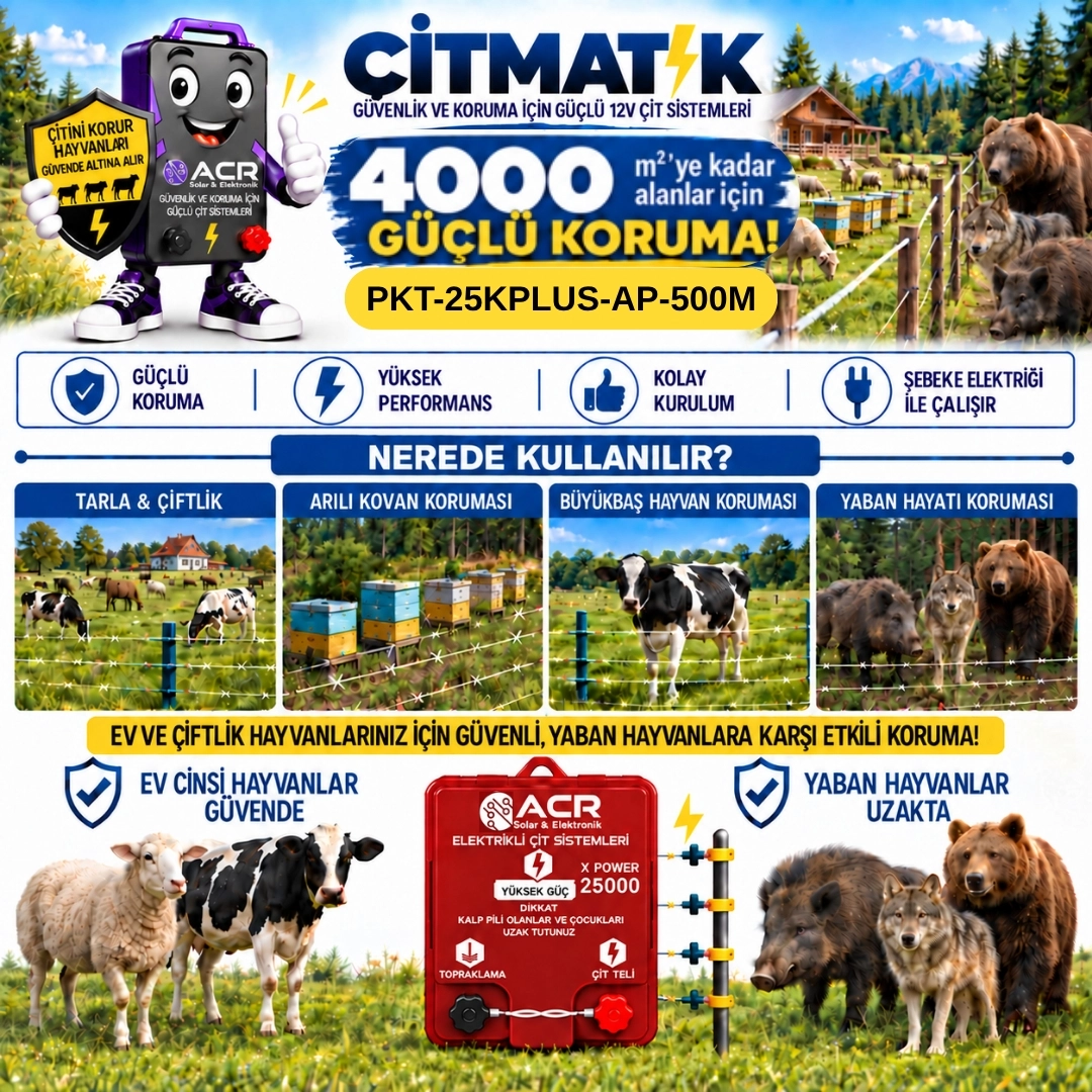 XPower 25KP | 4000 m² ye kadar elektrikli çit paketi | Ağaç İzolatörlü | Plastik Telli