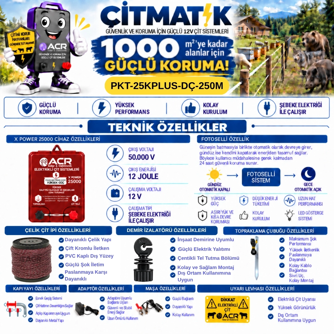 XPower 25KP | 1000 m² ye kadar elektrikli çit paketi | Demir İzolatörlü | Çelik Çit İpli