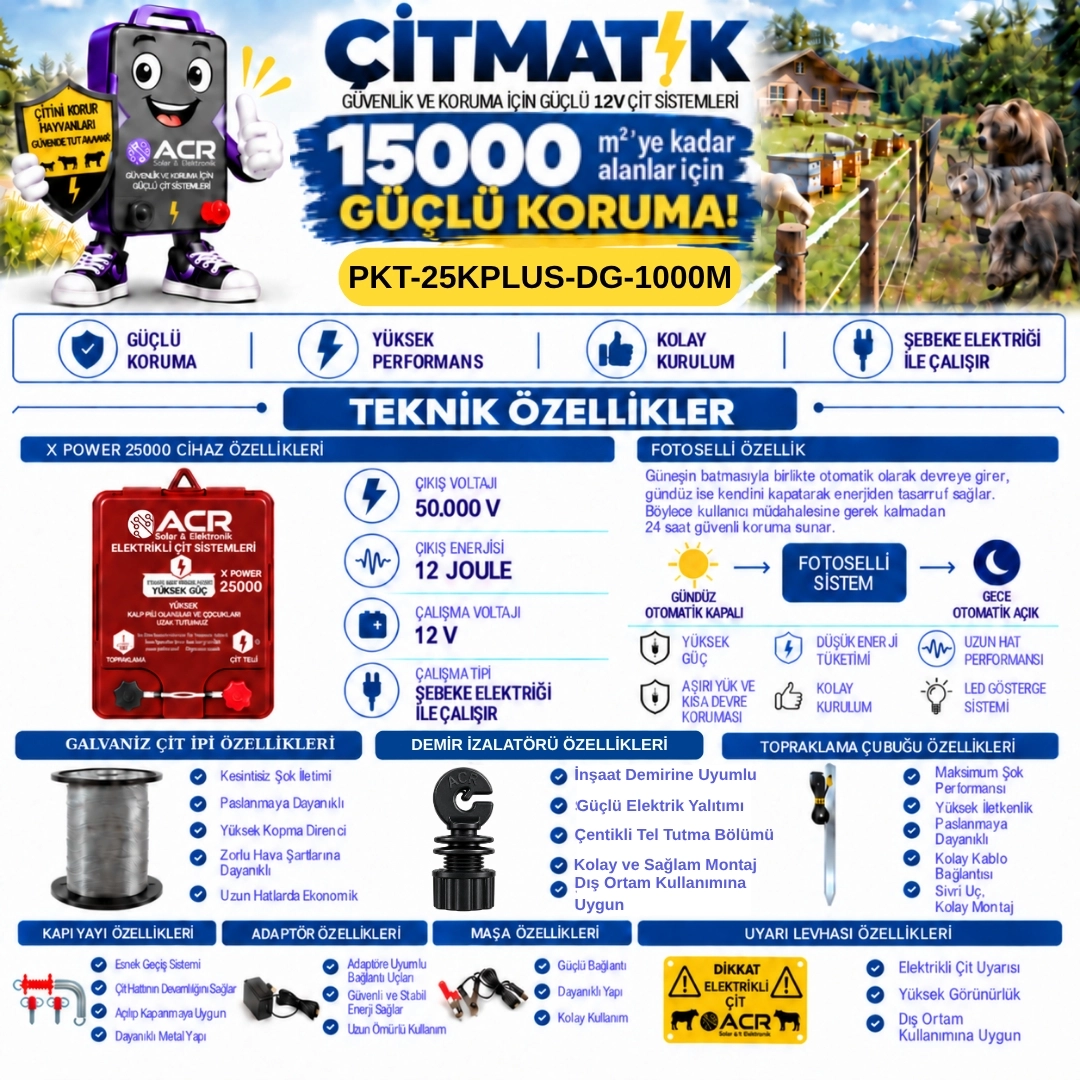 XPower 25KP | 15000 m² ye kadar elektrikli çit paketi | Demir İzolatörlü | Galvaniz Çit İpli
