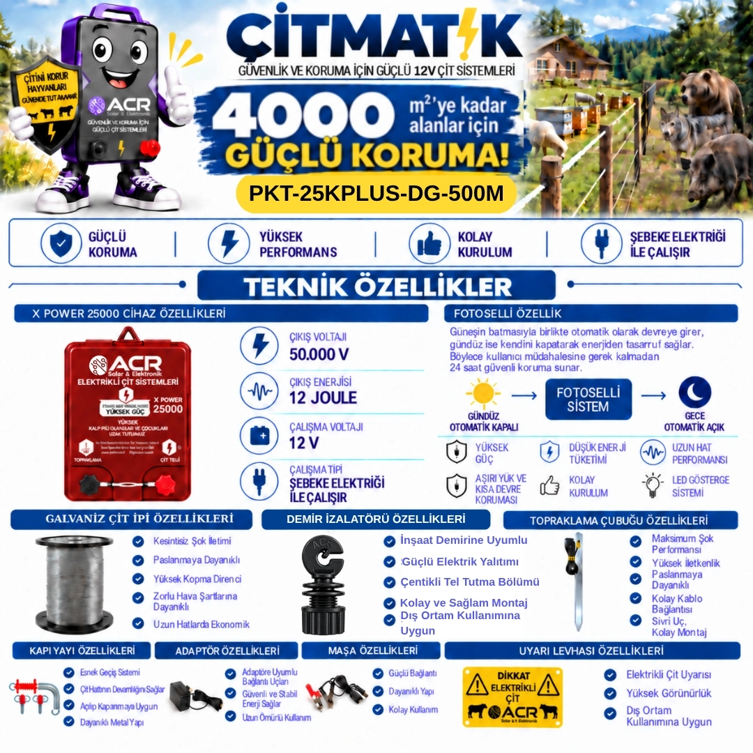 XPower 25KP | 4000 m² ye kadar elektrikli çit paketi | Demir İzolatörlü | Galvaniz Çit İpli