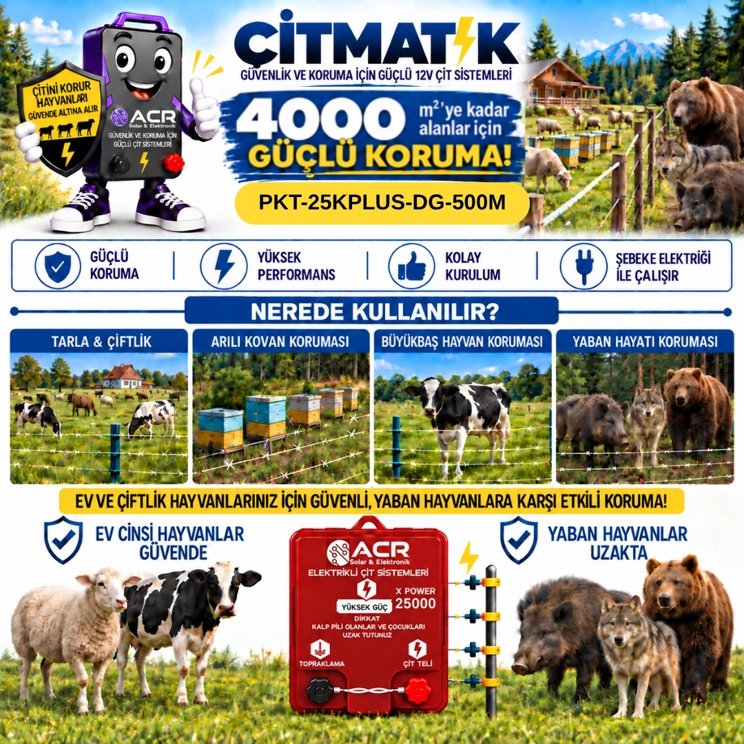XPower 25KP | 4000 m² ye kadar elektrikli çit paketi | Demir İzolatörlü | Galvaniz Çit İpli