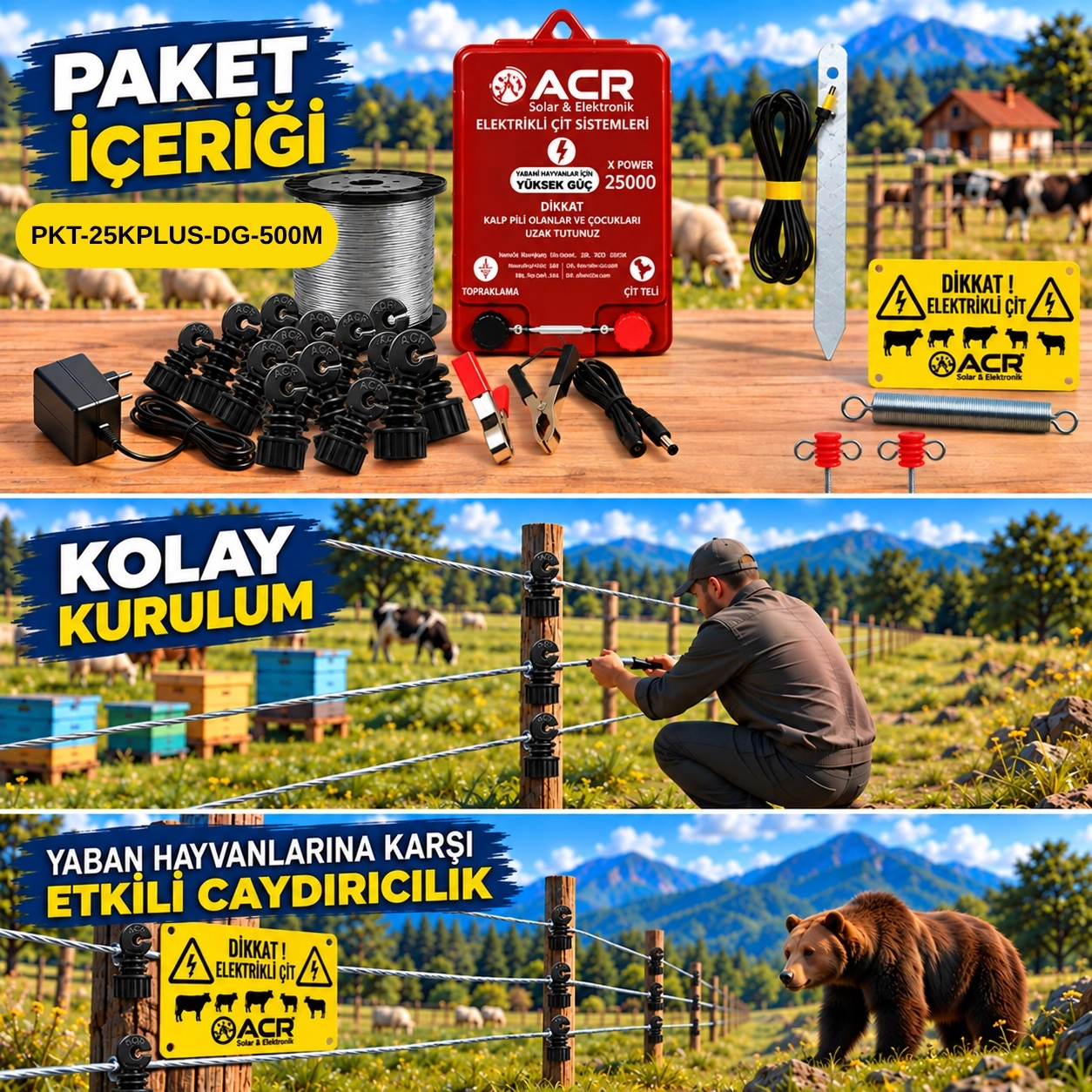 XPower 25KP | 4000 m² ye kadar elektrikli çit paketi | Demir İzolatörlü | Galvaniz Çit İpli