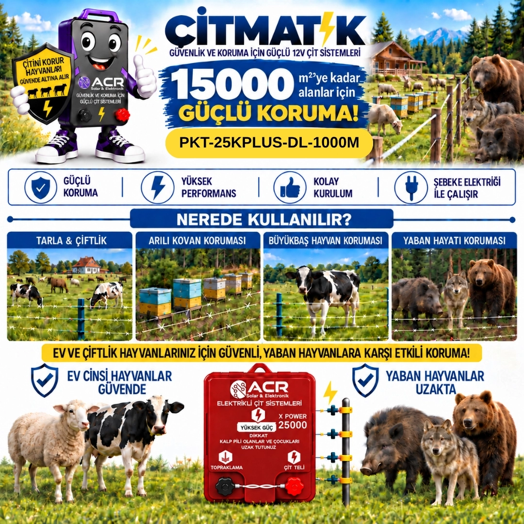 XPower 25KP | 15000 m² ye kadar elektrikli çit paketi | Demir İzolatörlü | Lüks Çit İpli