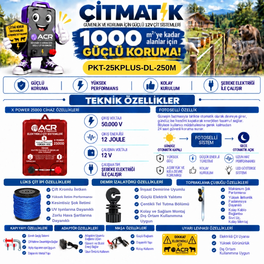 XPower 25KP | 1000 m² ye kadar elektrikli çit paketi | Demir İzolatörlü | Lüks Çit İpli