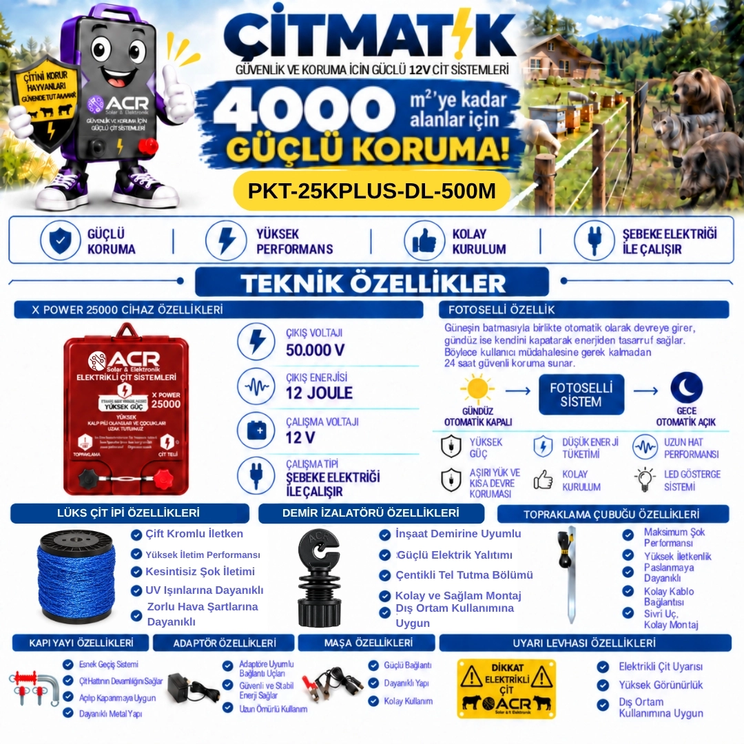 XPower 25KP | 4000 m² ye kadar elektrikli çit paketi | Demir İzolatörlü | Lüks Çit İpli