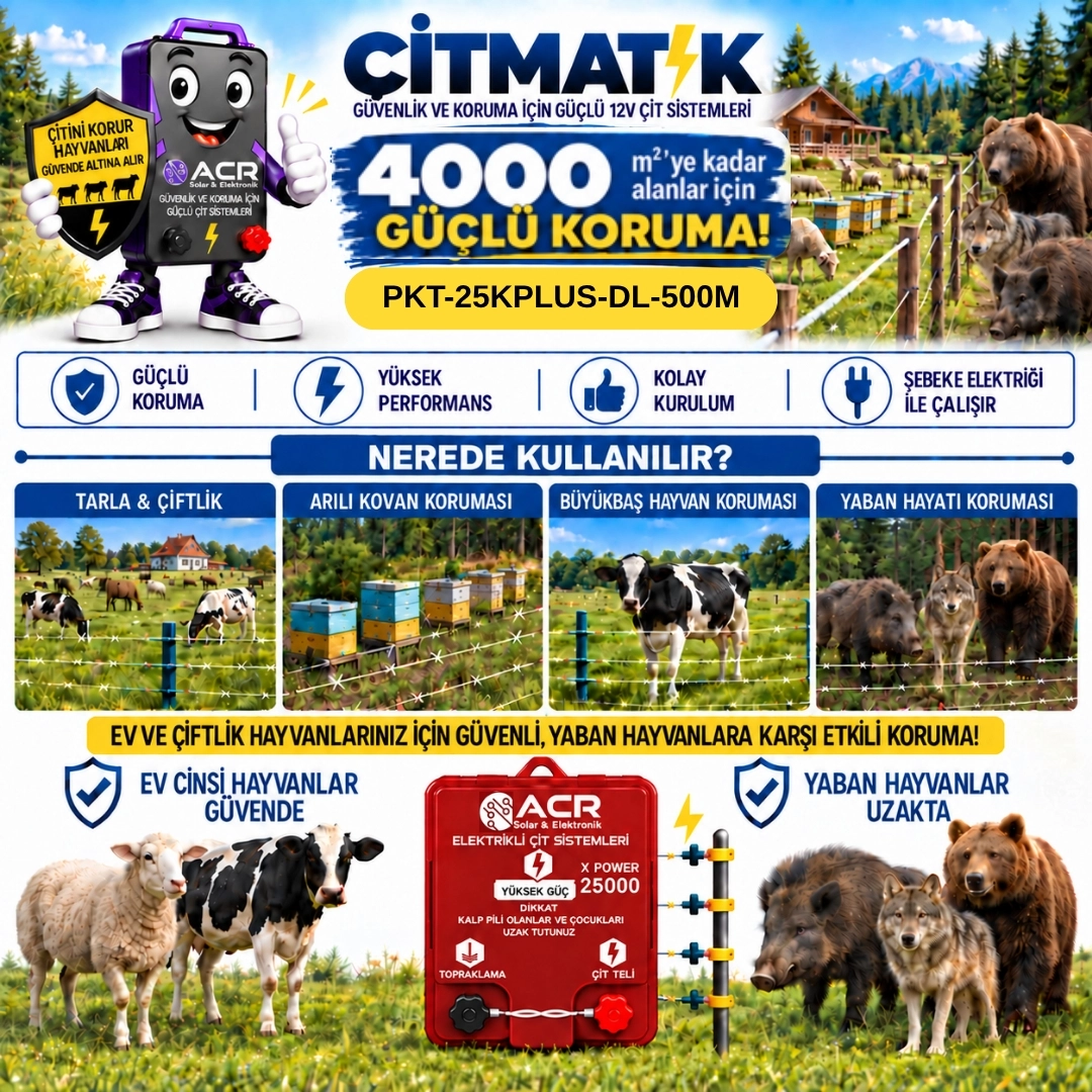 XPower 25KP | 4000 m² ye kadar elektrikli çit paketi | Demir İzolatörlü | Lüks Çit İpli