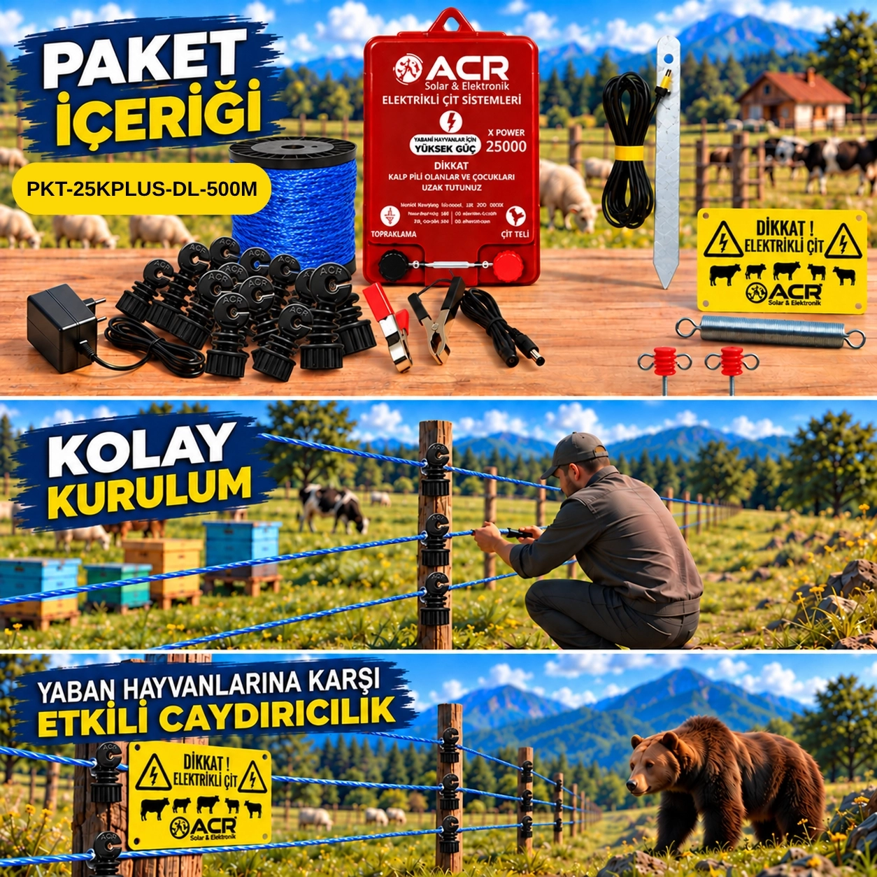 XPower 25KP | 4000 m² ye kadar elektrikli çit paketi | Demir İzolatörlü | Lüks Çit İpli
