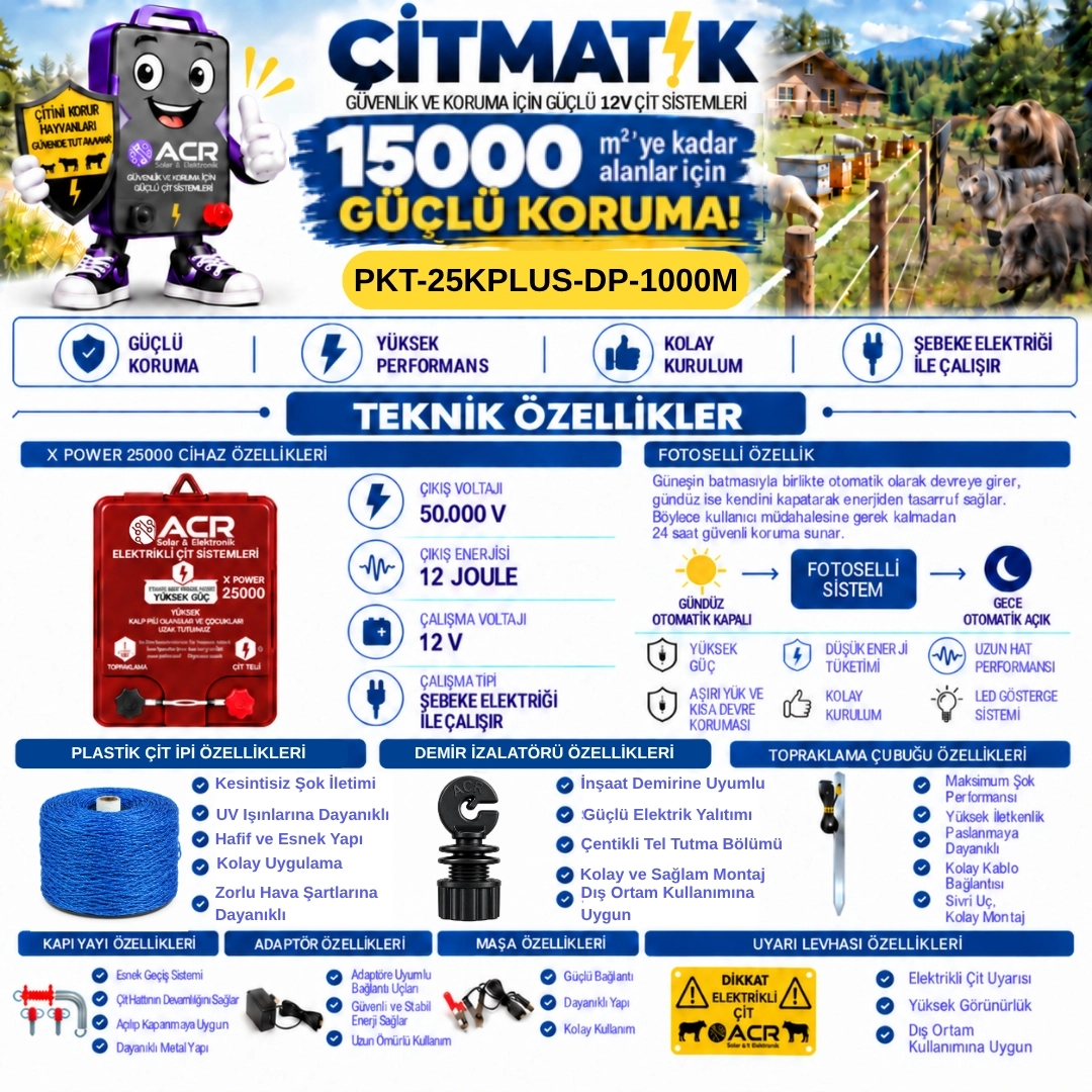 XPower 25KP | 15000 m² ye kadar elektrikli çit paketi | Demir İzolatörlü | Plastik Çit İpli