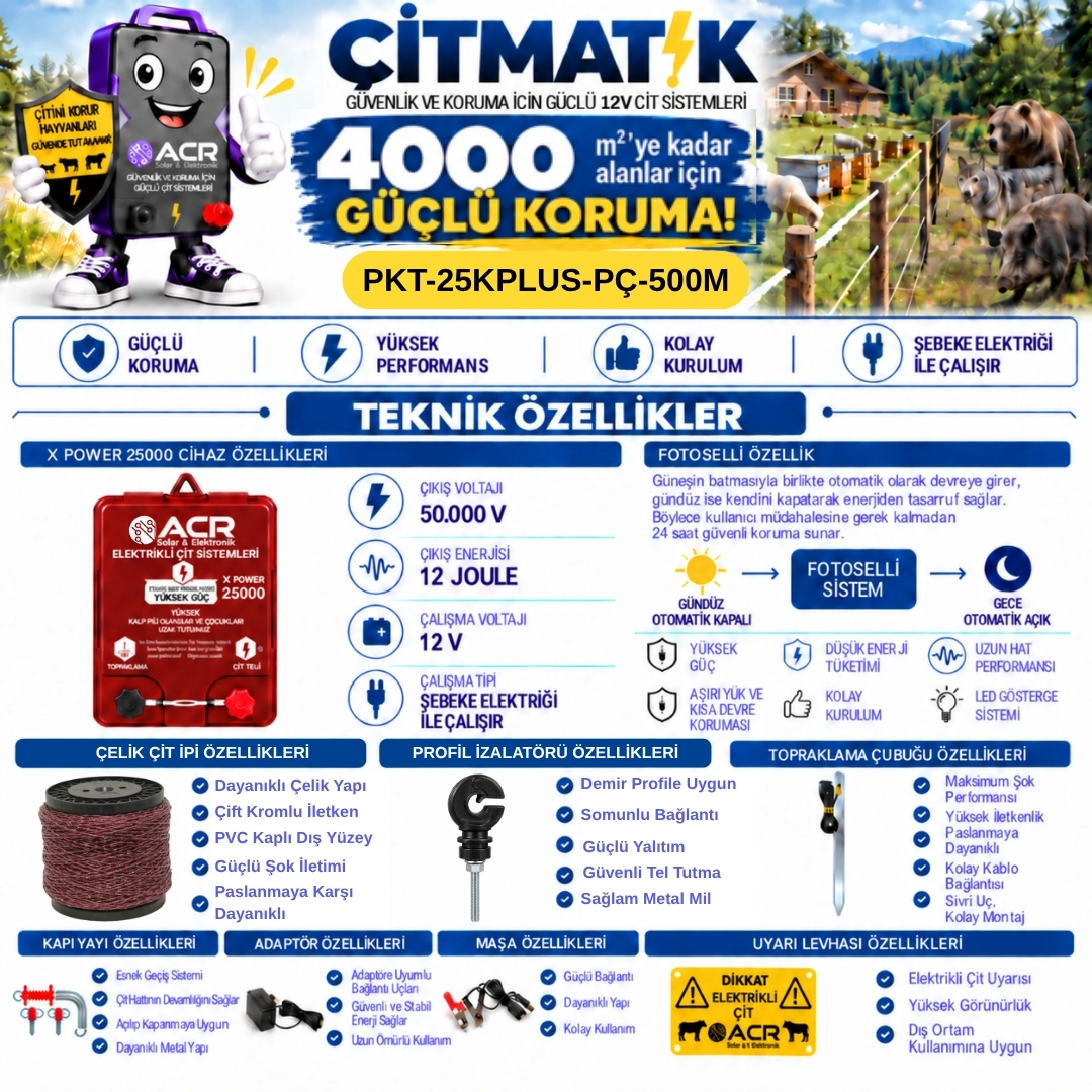 XPower 25KP | 4000 m² ye kadar elektrikli çit paketi | Profil İzolatörlü | Çelik Çit İpli