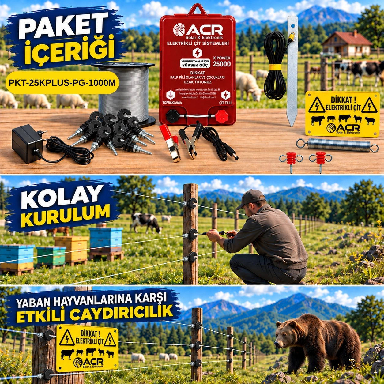 XPower 25KP | 15000 m² ye kadar elektrikli çit paketi | Profil İzolatörlü | Galvaniz Telli