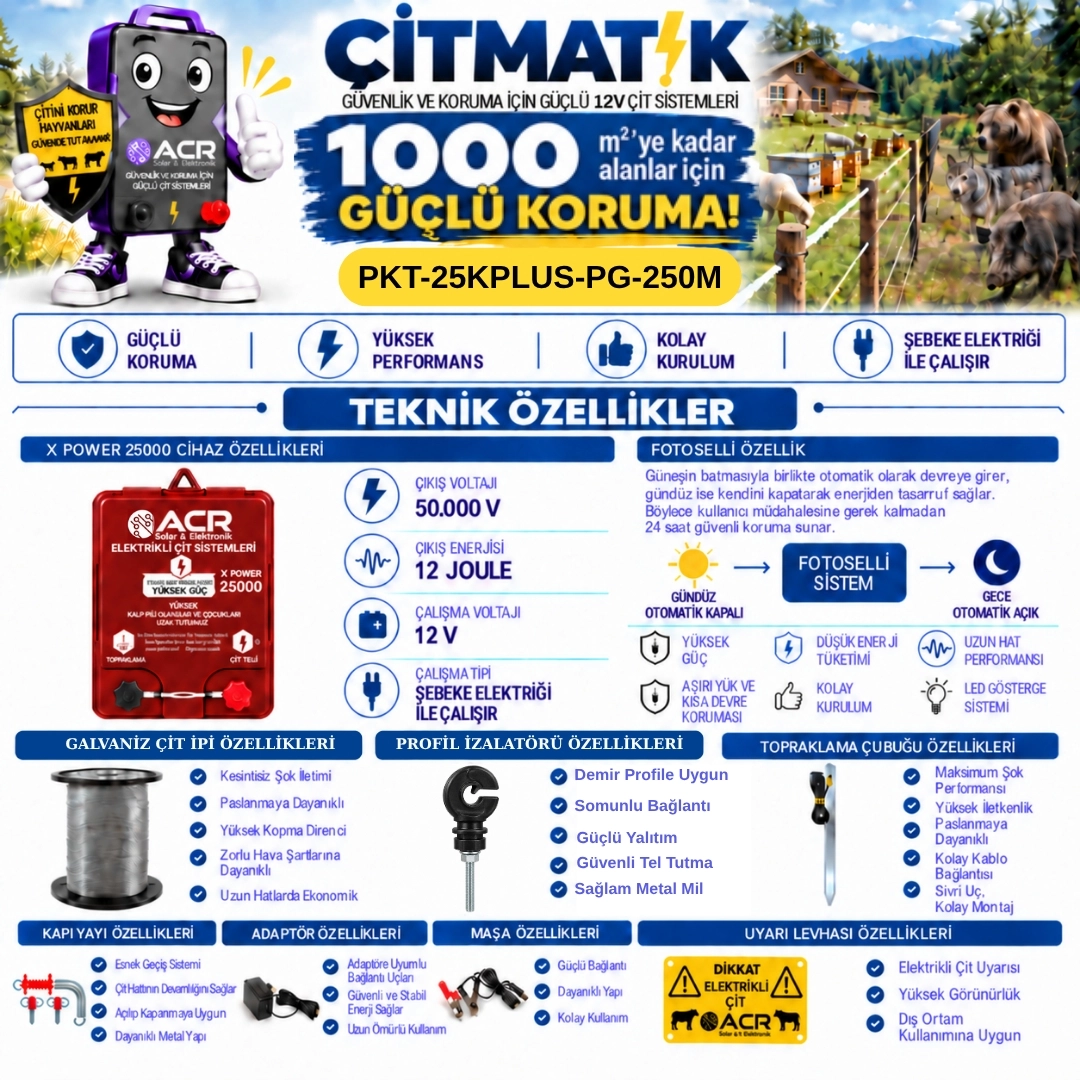 XPower 25KP | 1000 m² ye kadar elektrikli çit paketi | Profil İzolatörlü | Galvaniz Telli