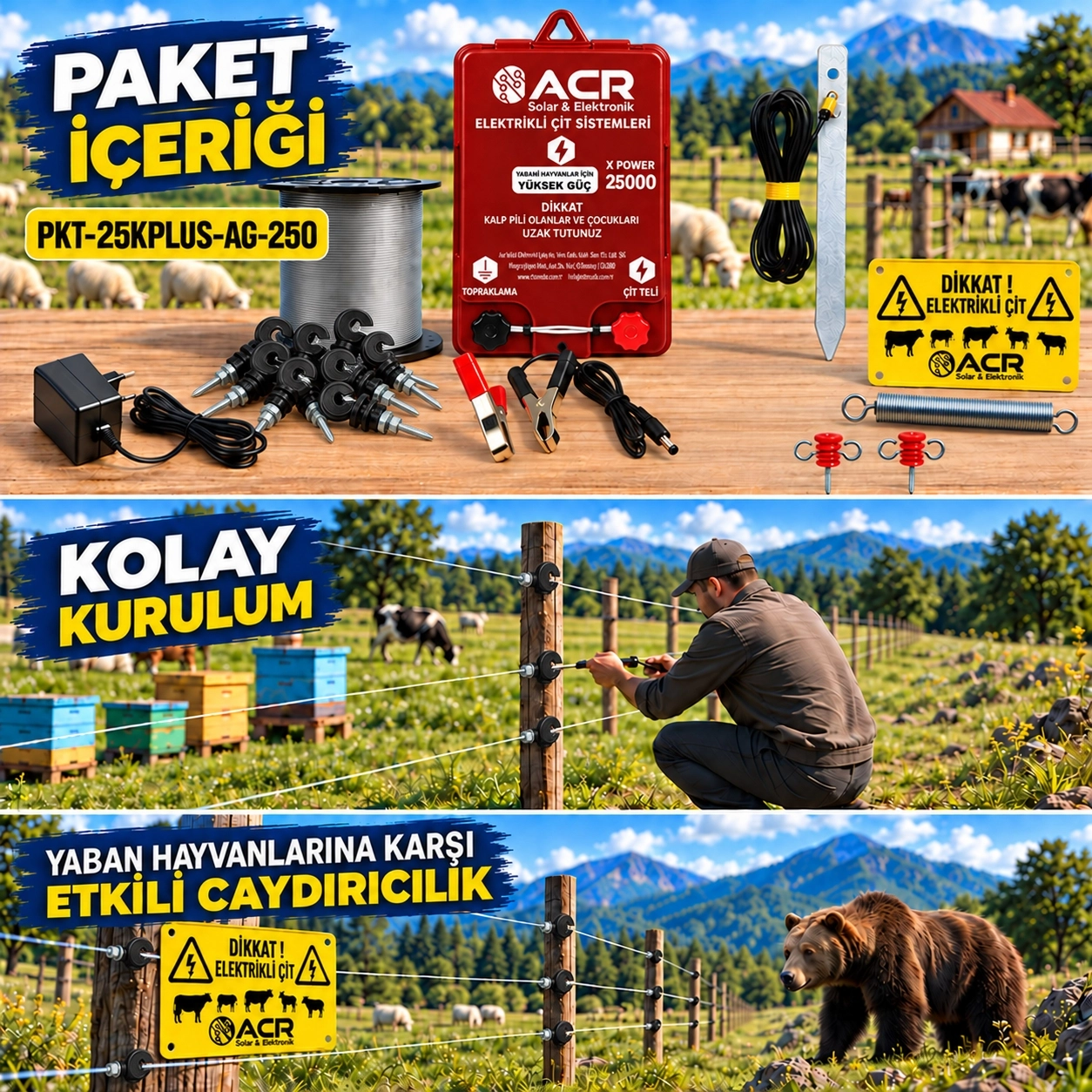XPower 25KP | 1000 m² ye kadar elektrikli çit paketi | Profil İzolatörlü | Galvaniz Telli