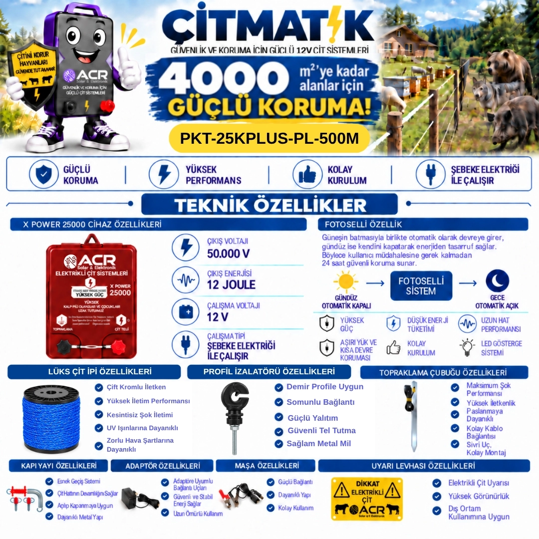 XPower 25KP | 4000 m² ye kadar elektrikli çit paketi | Profil İzolatörlü | Lüks Çit İpli