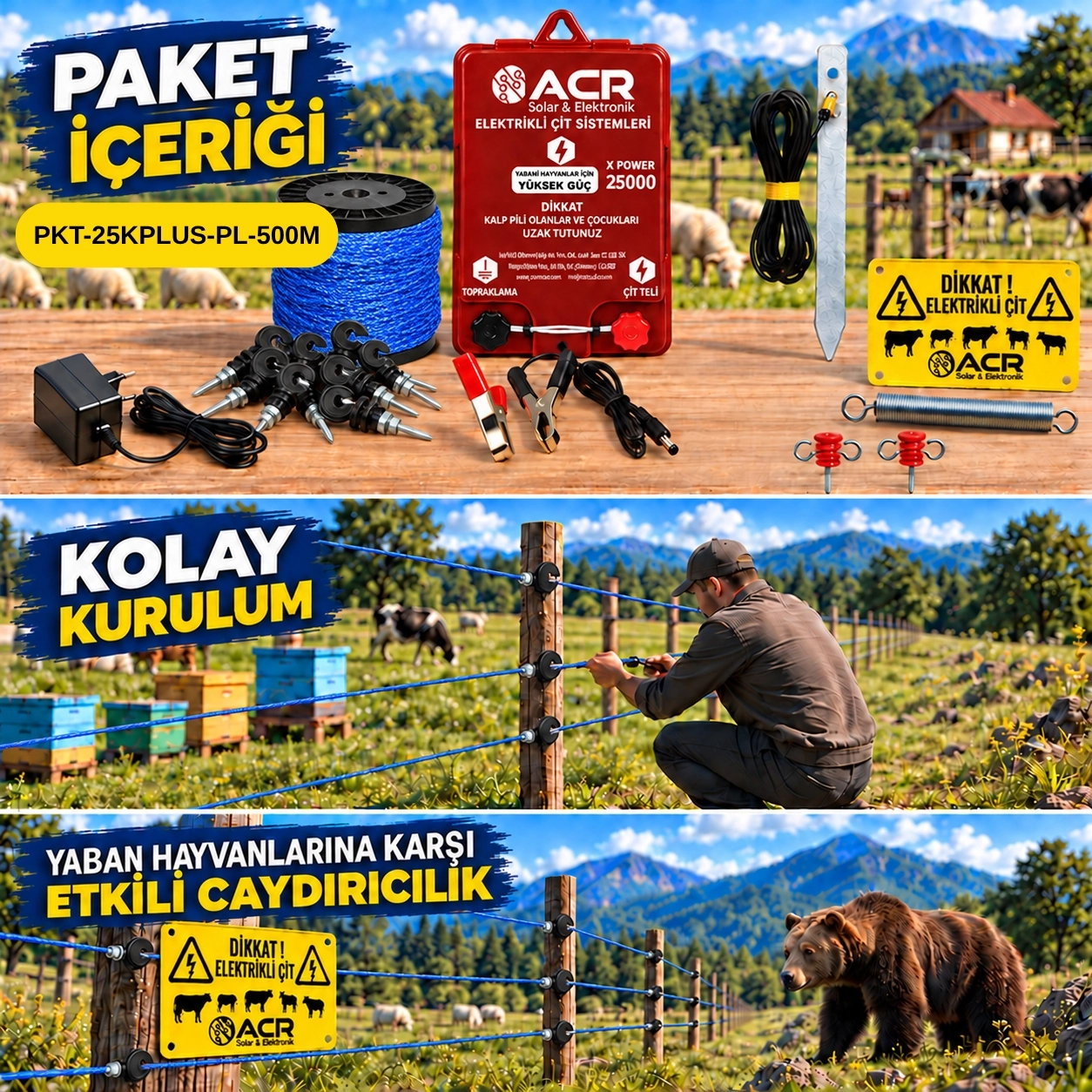 XPower 25KP | 4000 m² ye kadar elektrikli çit paketi | Profil İzolatörlü | Lüks Çit İpli