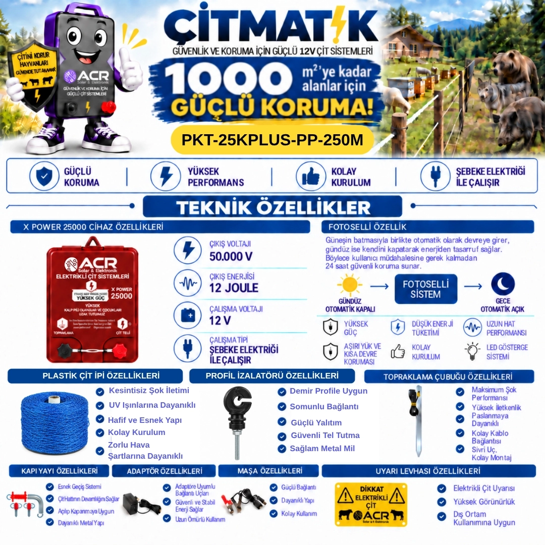 XPower 25KP | 1000 m² ye kadar elektrikli çit paketi | Profil İzolatörlü | Plastik Telli