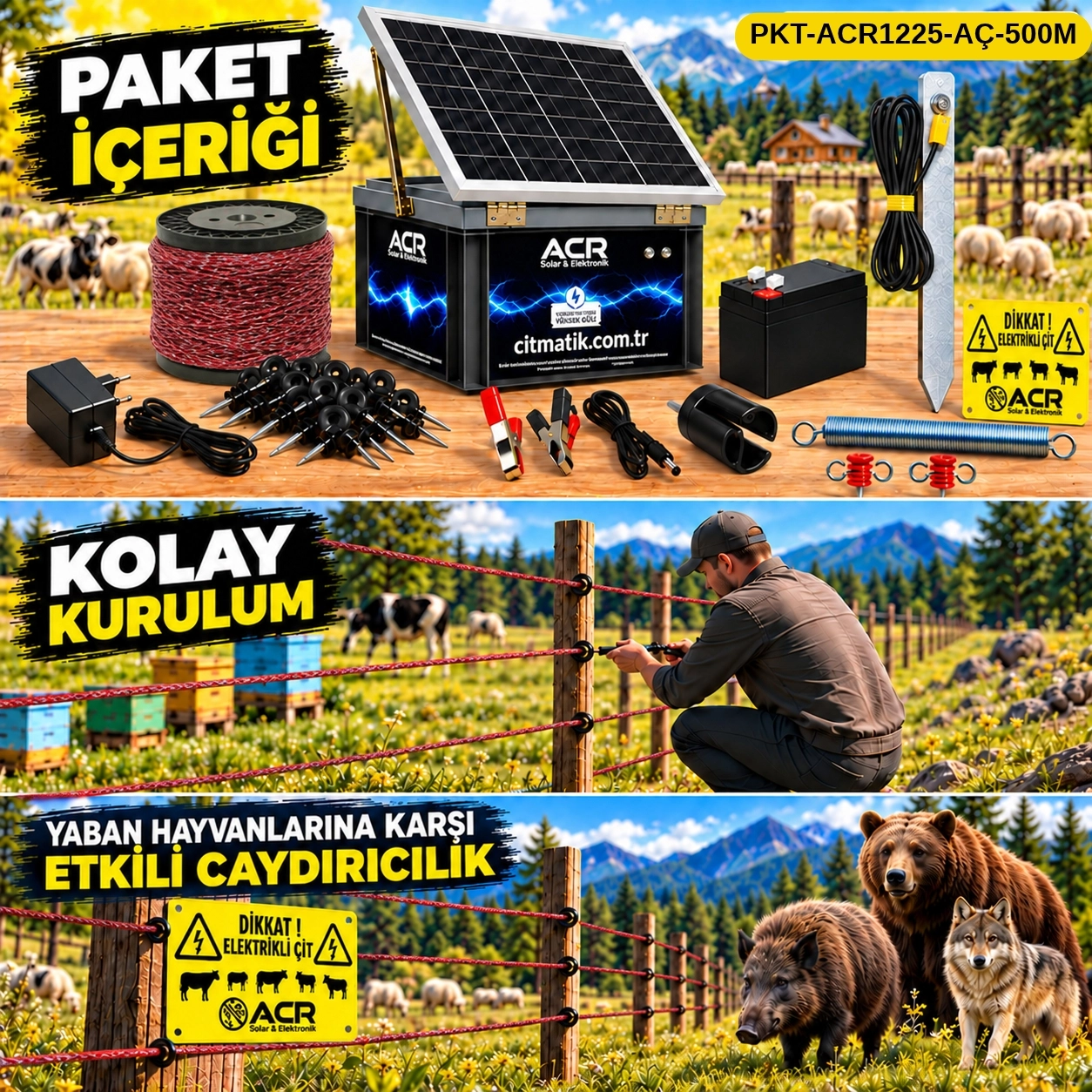 ACR1225 KOMPAKT | 4000 m² ye kadar elektrikli çit paketi | Ağaç İzolatörlü | Çelik Çit Teli
