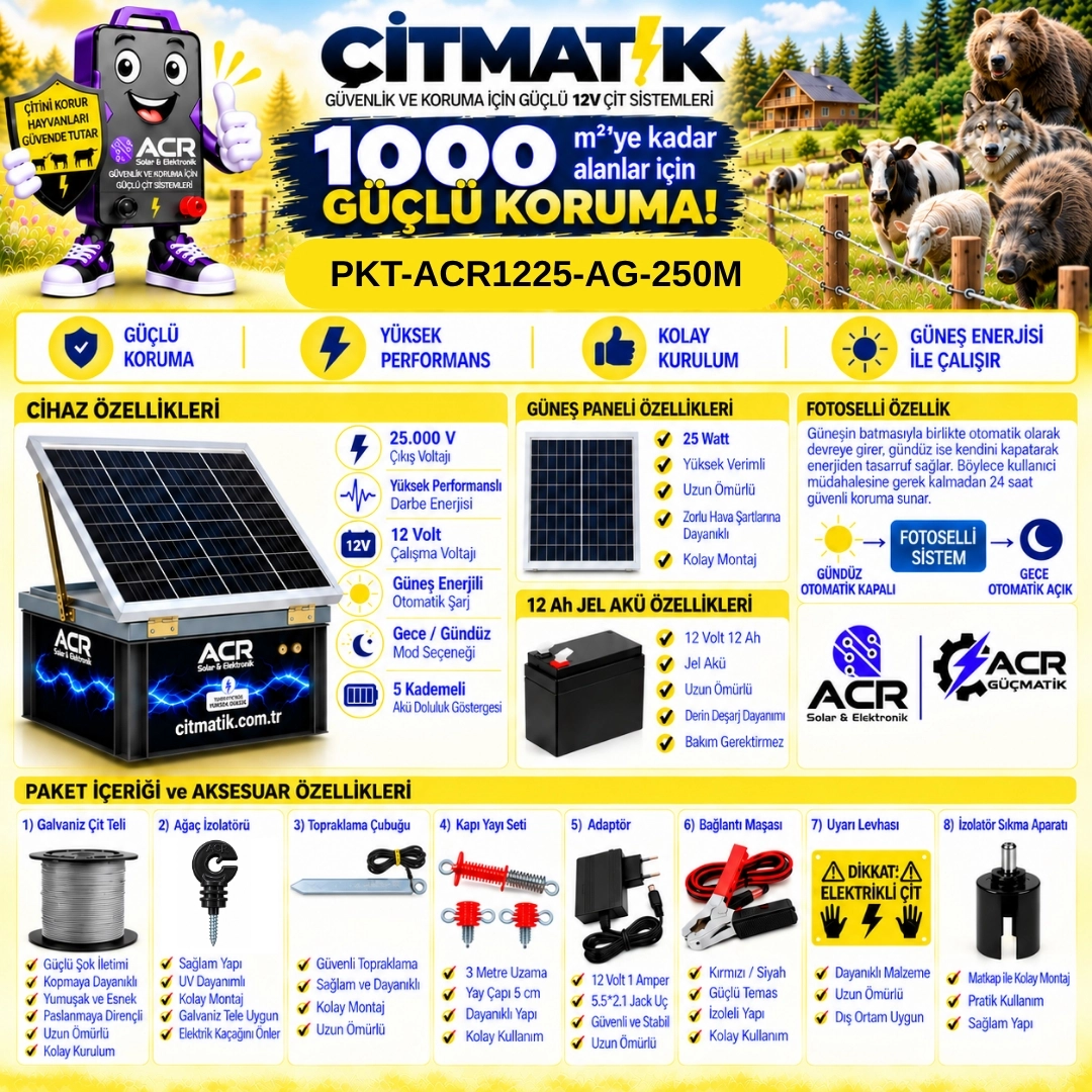 ACR1225 KOMPAKT | 1000 m² ye kadar elektrikli çit paketi | Ağaç İzolatörlü | Galvaniz Çit İpli