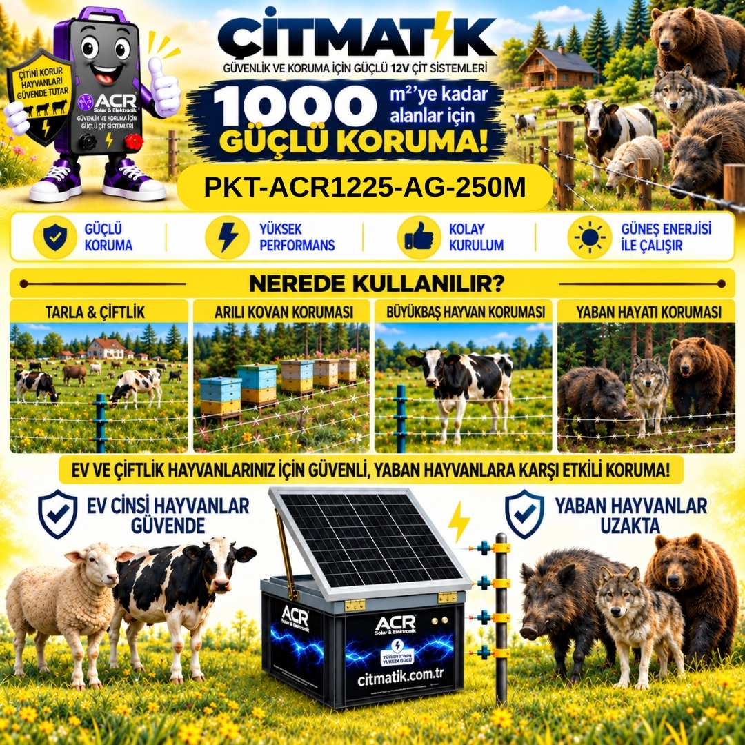 ACR1225 KOMPAKT | 1000 m² ye kadar elektrikli çit paketi | Ağaç İzolatörlü | Galvaniz Çit İpli