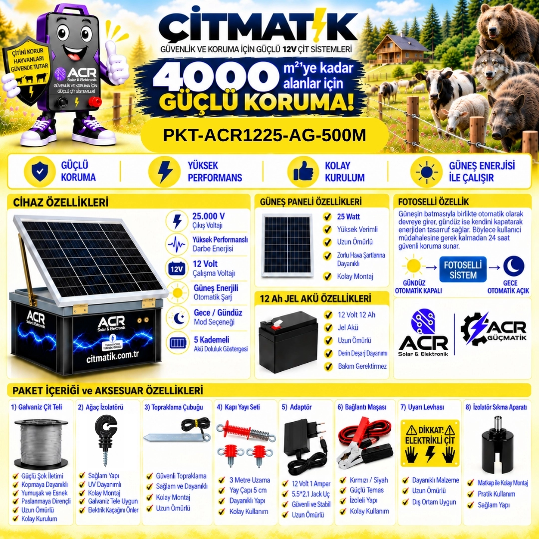 ACR1225 KOMPAKT | 4000 m² ye kadar elektrikli çit paketi | Ağaç İzolatörlü | Galvaniz Çit İpli