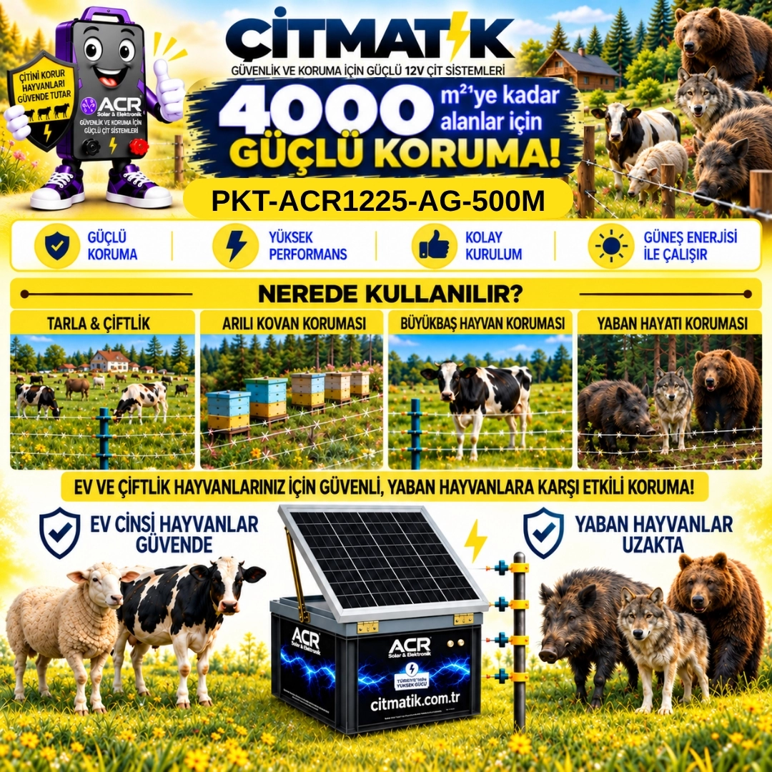 ACR1225 KOMPAKT | 4000 m² ye kadar elektrikli çit paketi | Ağaç İzolatörlü | Galvaniz Çit İpli