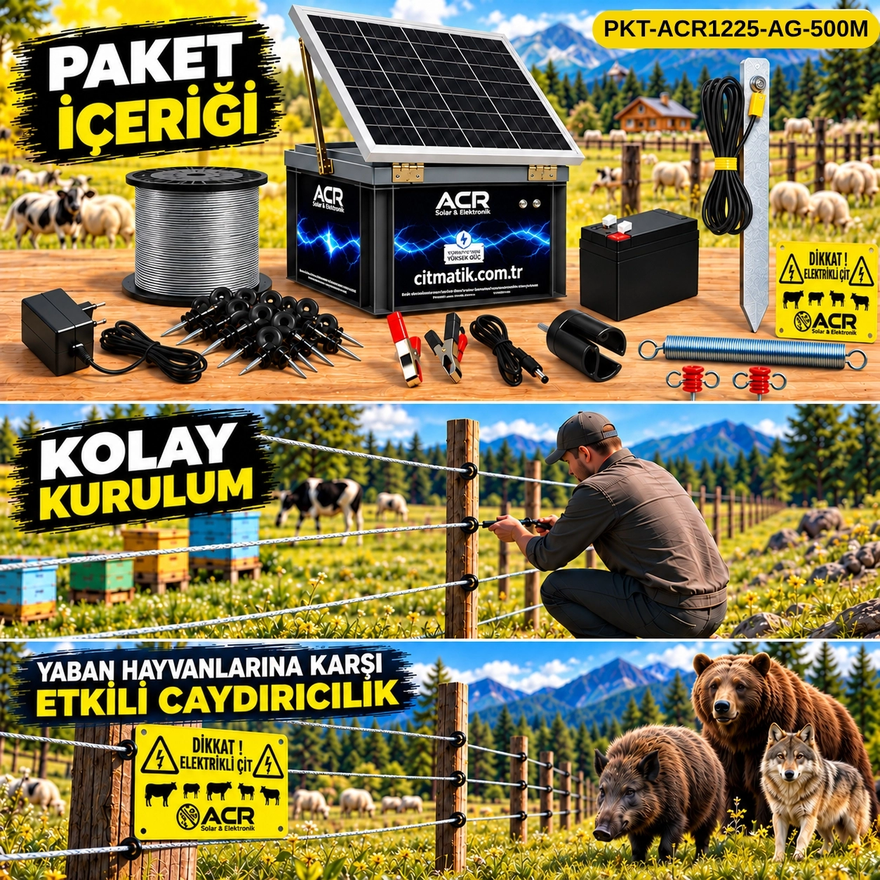 ACR1225 KOMPAKT | 4000 m² ye kadar elektrikli çit paketi | Ağaç İzolatörlü | Galvaniz Çit İpli