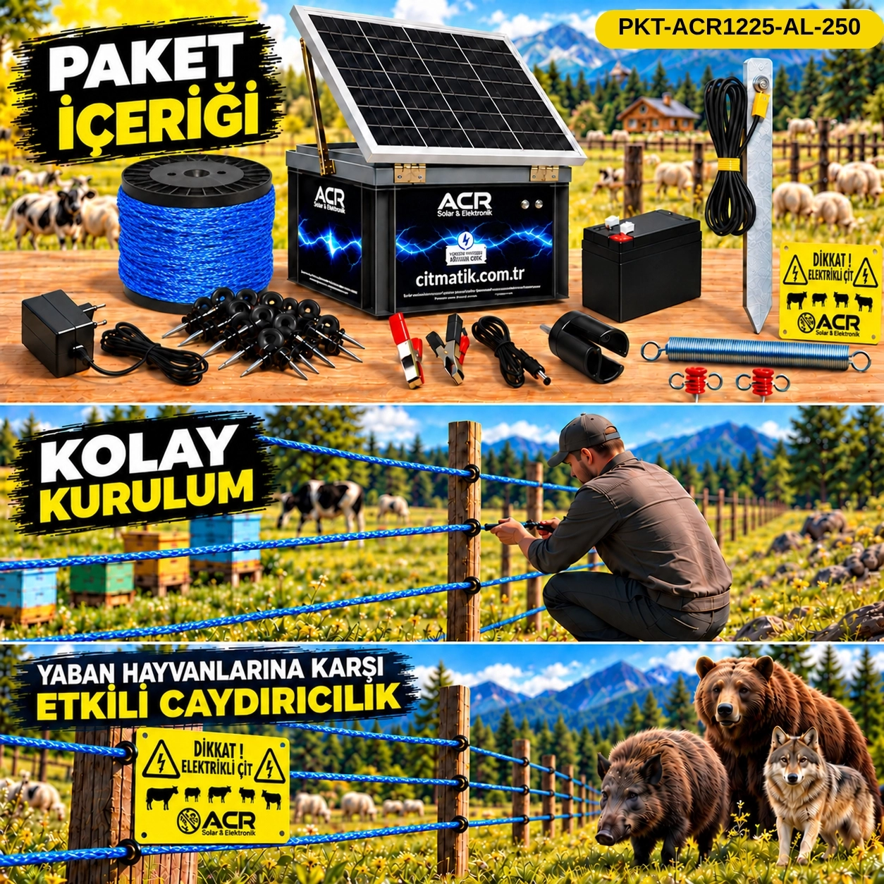 ACR1225 KOMPAKT | 1000 m² ye kadar elektrikli çit paketi | Ağaç İzolatörlü | Lüks Çit İpli