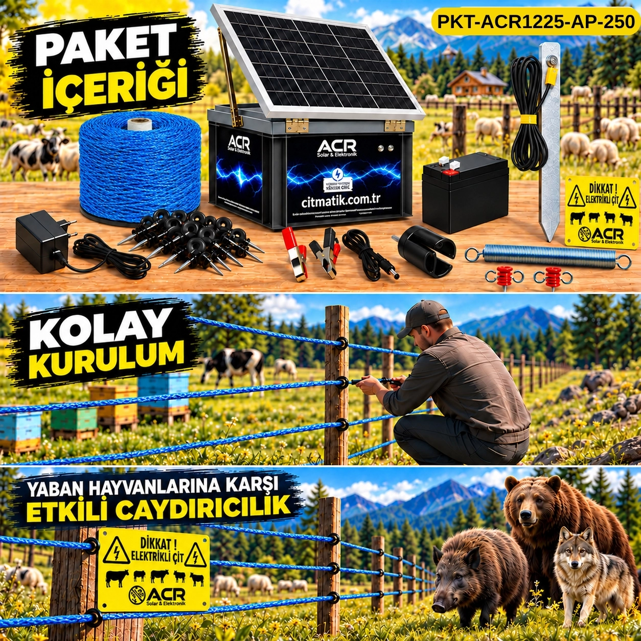 ACR1225 KOMPAKT | 1000 m² ye kadar elektrikli çit paketi | Ağaç İzolatörlü | Plastik Çit İpli