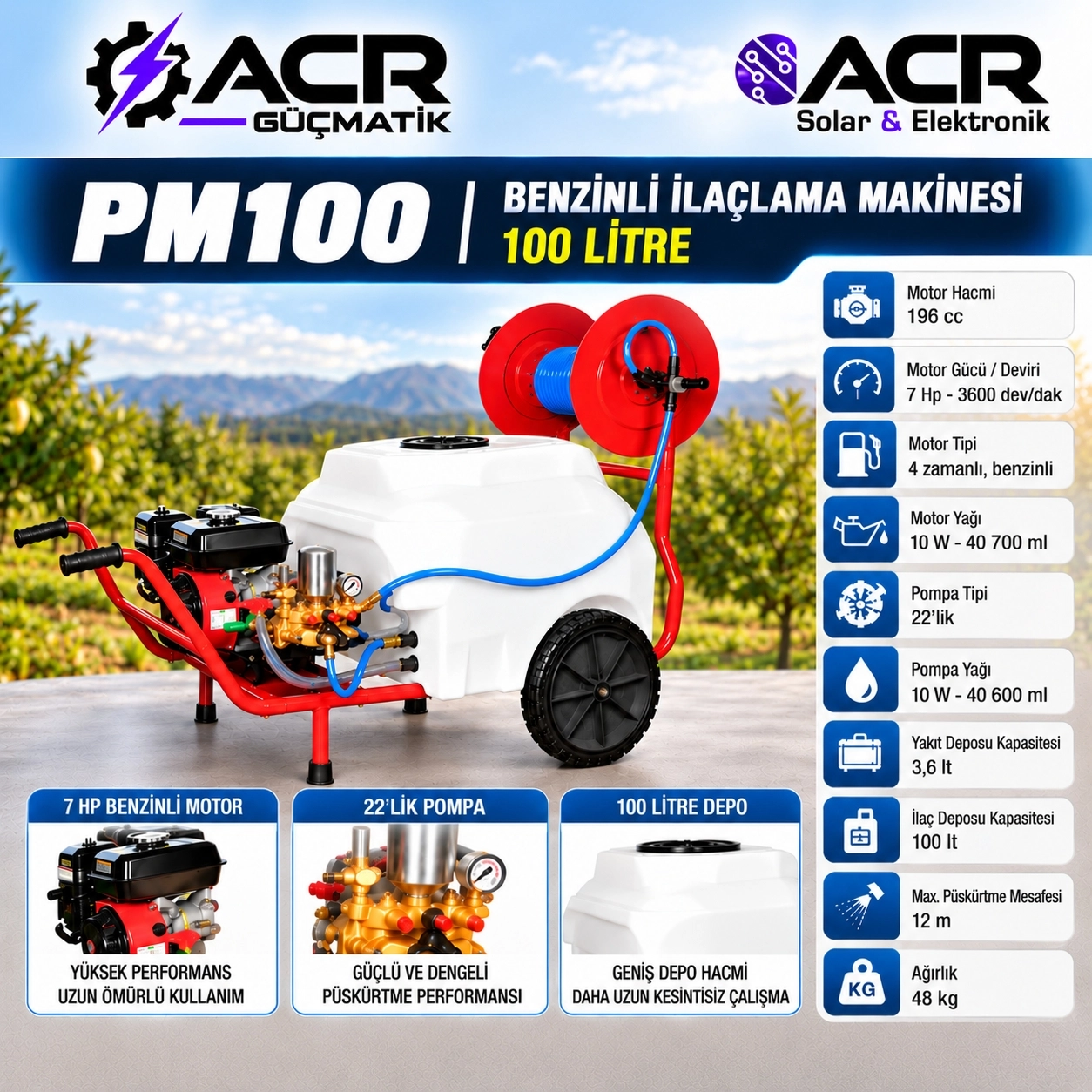 ACR Güçmatik PM100 Benzinli İlaçlama Makinesi      100 Litre – 7 HP – 22’lik Pompa – 50 Metre Hortum