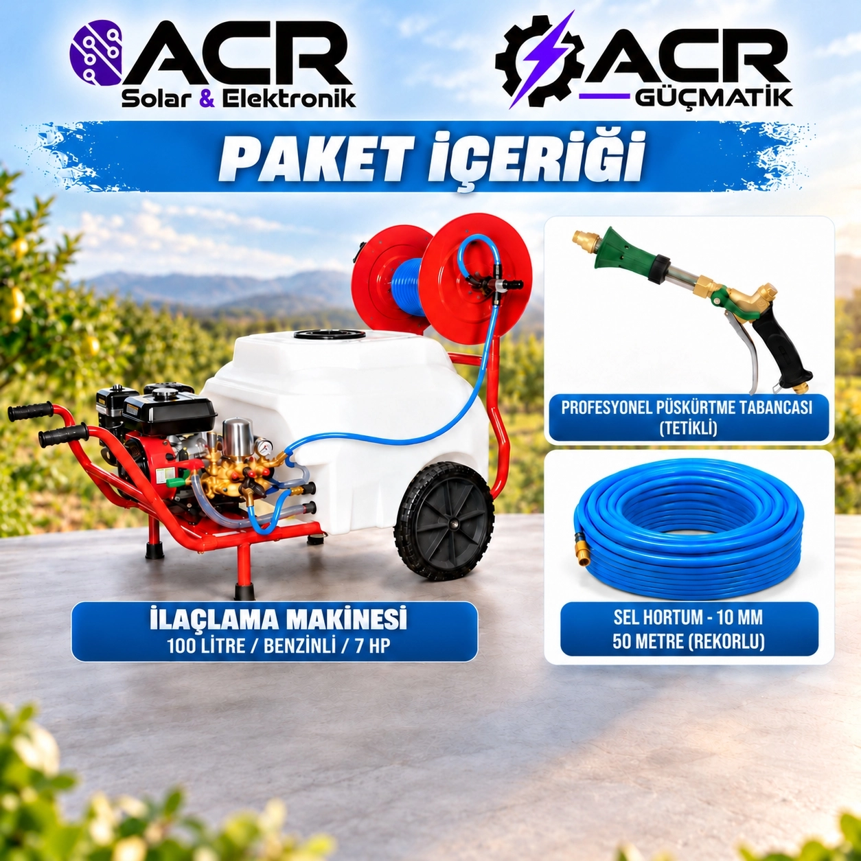 ACR Güçmatik PM100 Benzinli İlaçlama Makinesi      100 Litre – 7 HP – 22’lik Pompa – 50 Metre Hortum