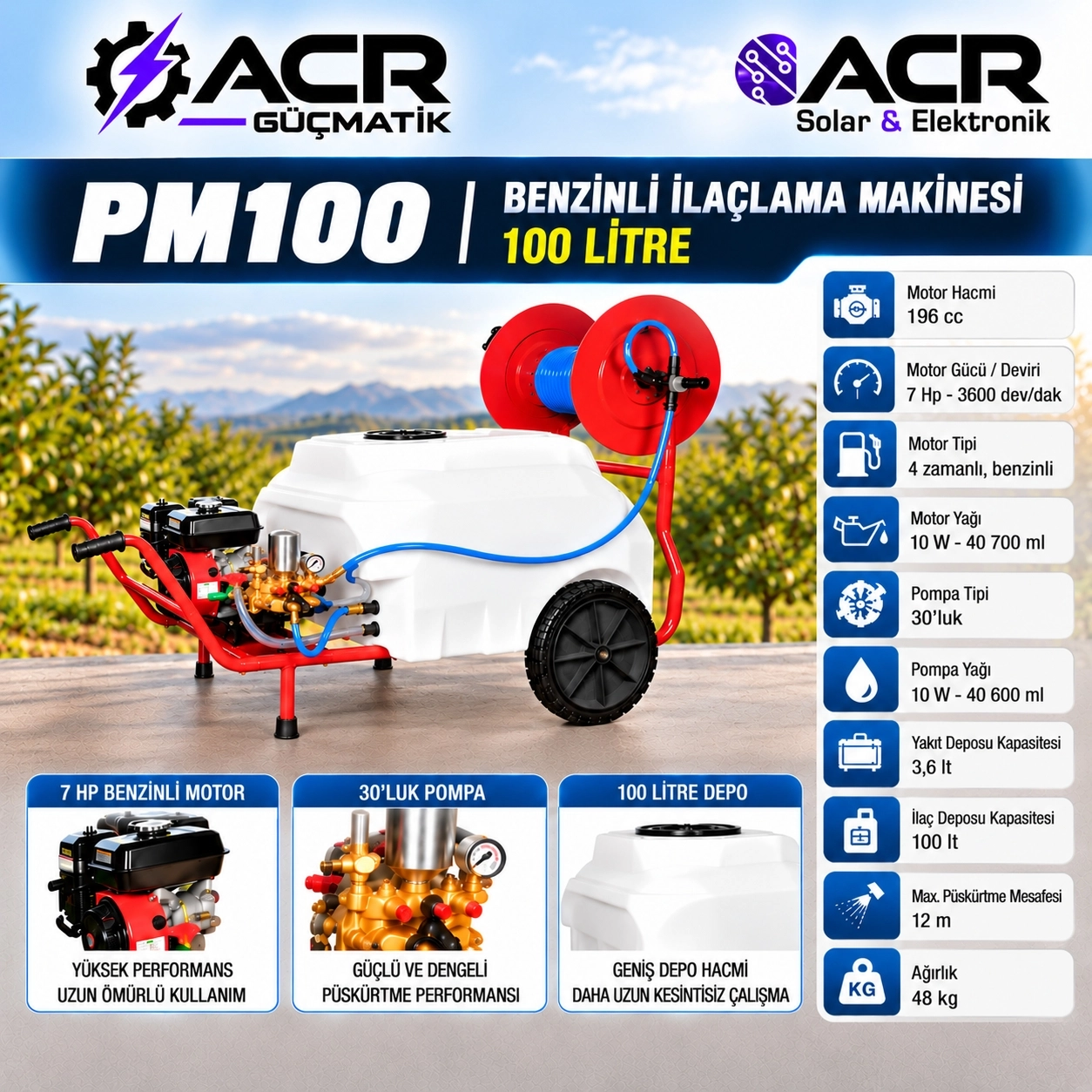 ACR Güçmatik Bartech İlaçlama Makinesi Tetikli Tabancalı PM100 –  Benzinli – 100 Litre – 7 HP – 30’luk Pompa – 100 Metre Hortumlu