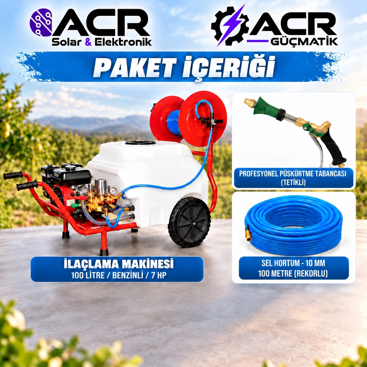 ACR Güçmatik Bartech İlaçlama Makinesi Tetikli Tabancalı PM100 –  Benzinli – 100 Litre – 7 HP – 30’luk Pompa – 100 Metre Hortumlu