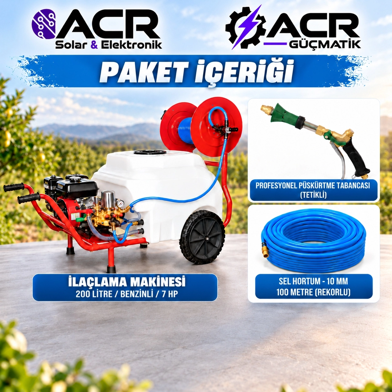 ACR Güçmatik Bartech PM200 Benzinli İlaçlama Makinesi – 200 Litre – 7 HP – 22’lik Pompa – 100 Metre Hortum – Tetikli Tabanca