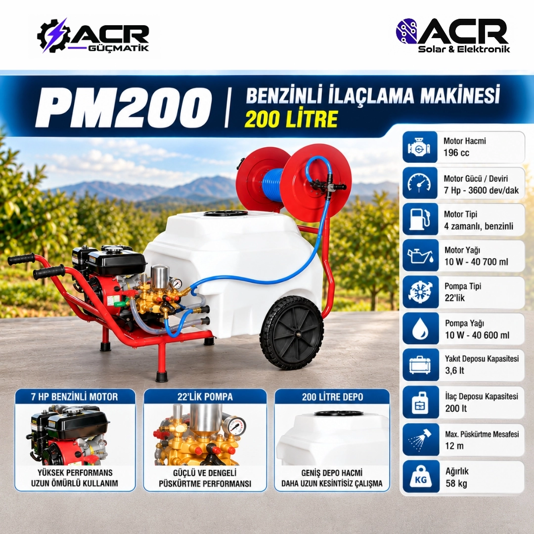 ACR Güçmatik Bartech İlaçlama Makinesi Tetikli Tabancalı PM200-Benzinli-200 Litre-7 HP-22’lik Pompalı-50 Metre Hortumlu