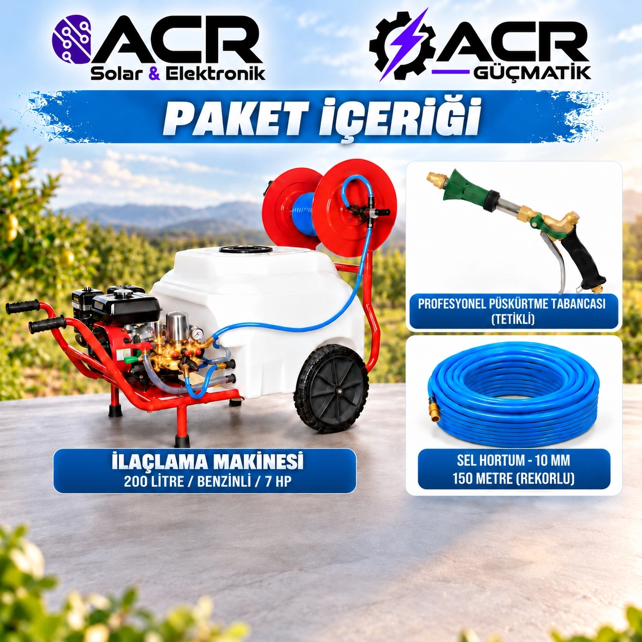 ACR Güçmatik Bartech İlaçlama Makinesi Tetikli Tabancalı PM200 – Benzinli – 200 Litre – 7 HP 30’luk Pompa – 150 Metre Hortumlu