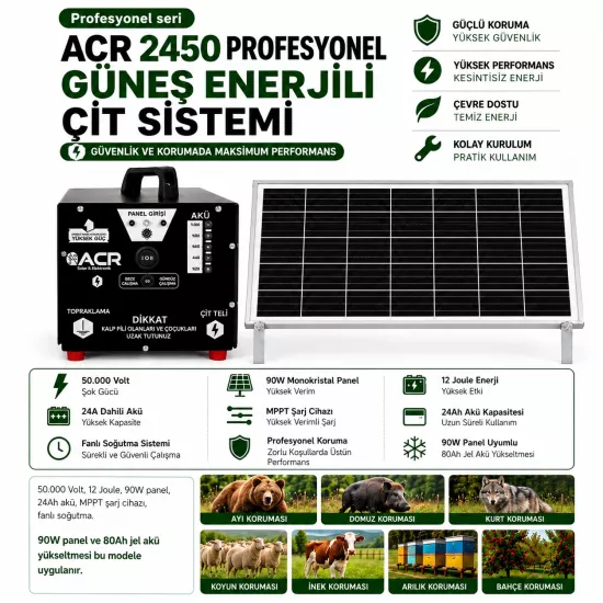 ACR2450 PLUS Akülü Güneş Enerjili Elektrikli Çit Sistemi – 90W Panel – Gece/Gündüz Modlu