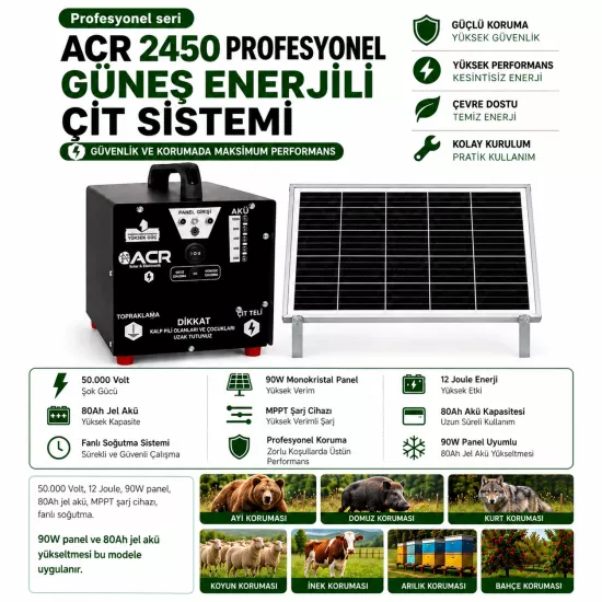ACR2450 PLUS Akülü Güneş Enerjili Elektrikli Çit Sistemi 90W Panel 80Ah jel akülü Gece/Gündüz Modlu