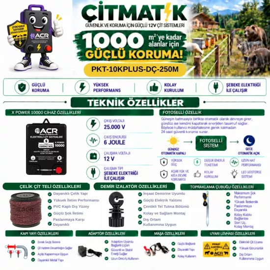 XPower 10KP | 1000 m² ye kadar elektrikli çit paketi | Demir İzolatörlü | Çelik Telli