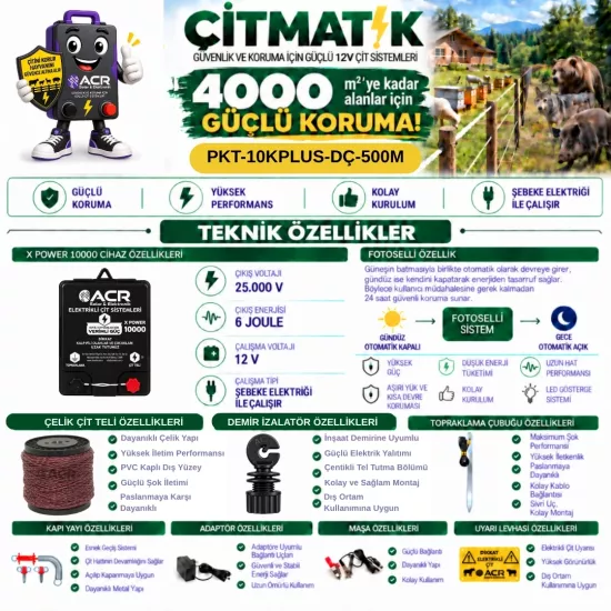 XPower 10KP | 4000 m² ye kadar elektrikli çit paketi | Demir İzolatörlü | Çelik Telli