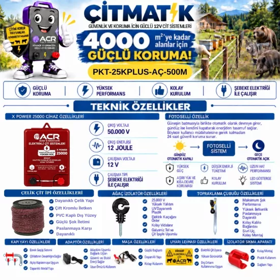 XPower 25KP | 4000 m² ye kadar elektrikli çit paketi | Ağaç İzolatörlü | Çelik Telli