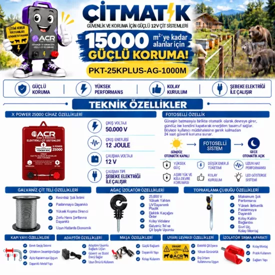 XPower 25KP | 15000 m² ye kadar elektrikli çit paketi | Ağaç İzolatörlü | Galvaniz Telli