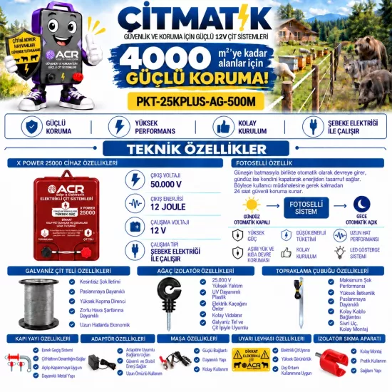 XPower 25KP | 4000 m² ye kadar elektrikli çit paketi | Ağaç İzolatörlü | Galvaniz Telli