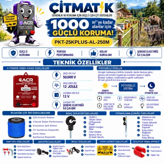 XPower 25KP | 1000 m² ye kadar elektrikli çit paketi | Ağaç İzolatörlü | Lüks Telli