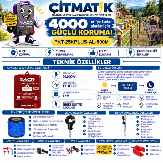 XPower 25KP | 4000 m² ye kadar elektrikli çit paketi | Ağaç İzolatörlü | Lüks Telli