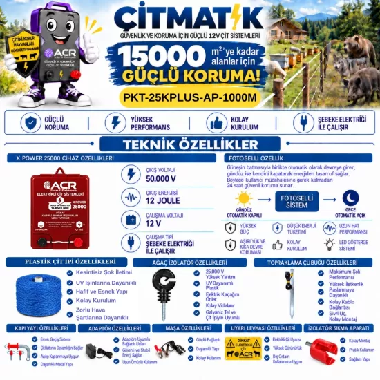 XPower 25KP | 15000 m² ye kadar elektrikli çit paketi | Ağaç İzolatörlü | Plastik Telli