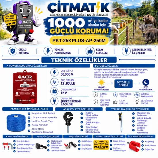 XPower 25KP | 1000 m² ye kadar elektrikli çit paketi | Ağaç İzolatörlü | Plastik Telli